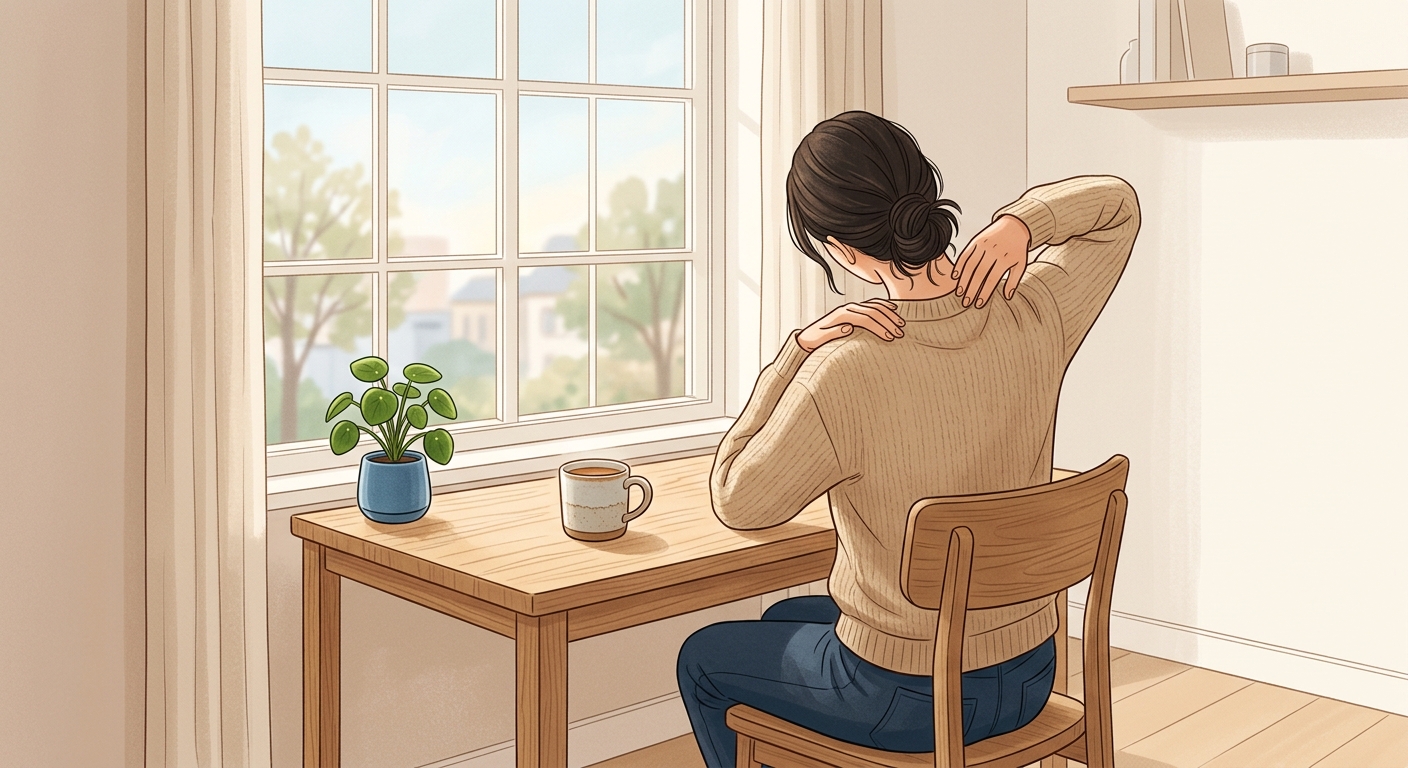 窓辺の机で首や肩まわりをゆっくり伸ばしている人のイラスト