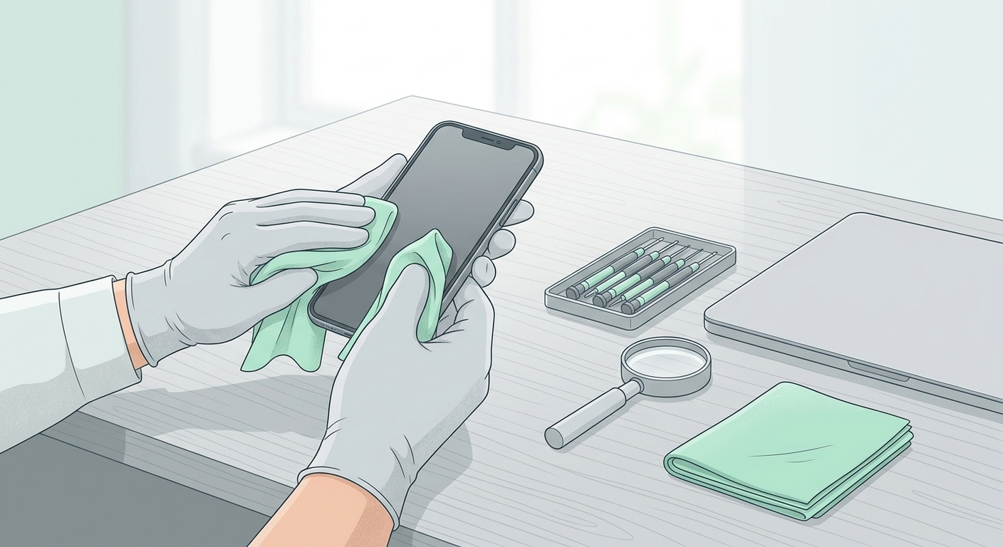 手袋をした手がスマートフォンを点検しているイラスト