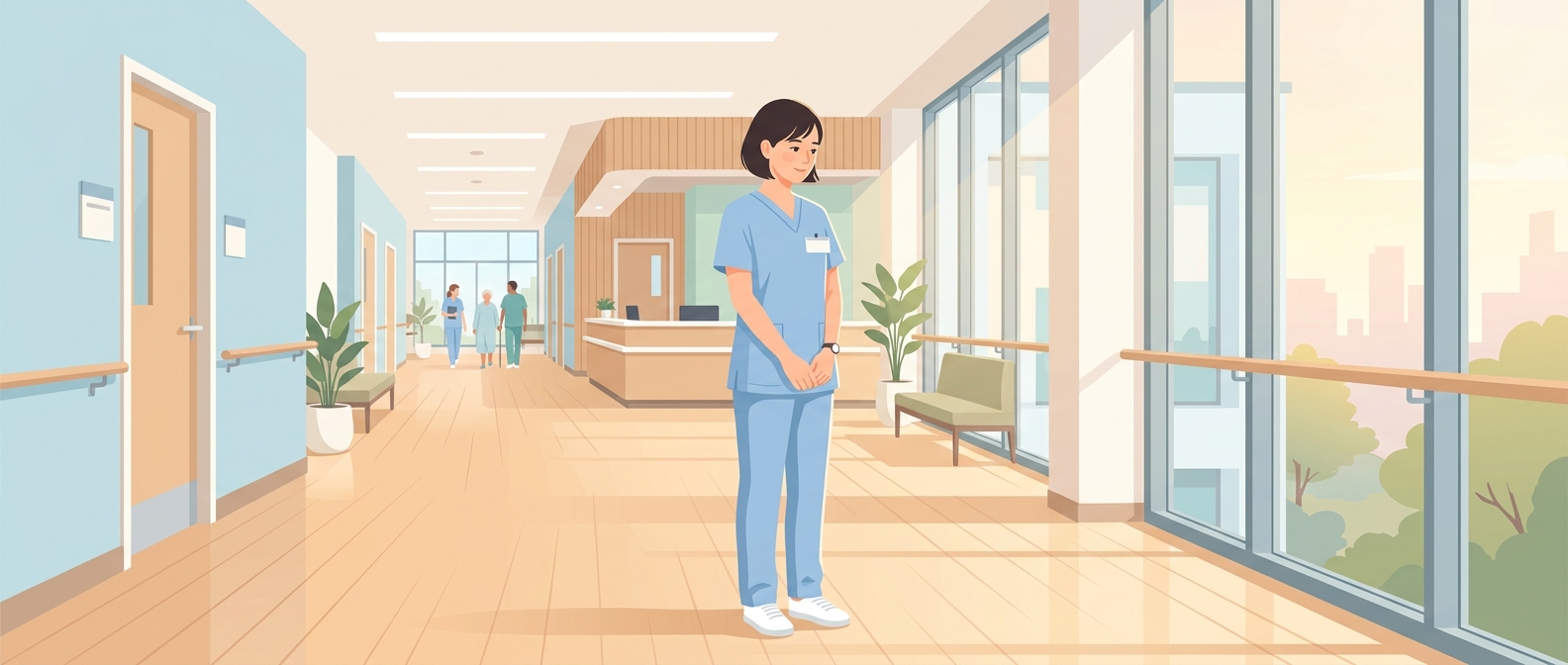 明るい病院の廊下に立つ看護師のイラスト