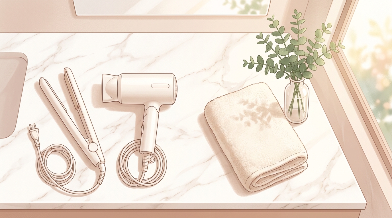 洗面台に置かれたヘアアイロンとドライヤーと、ツヤのある髪をとかす女性のイラスト