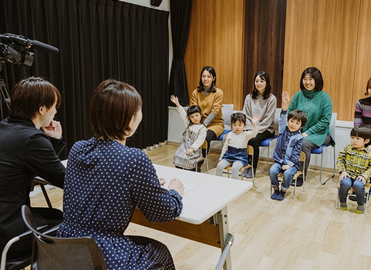 キッズ部門のグループ面接。子どもたちが元気に手を挙げている様子