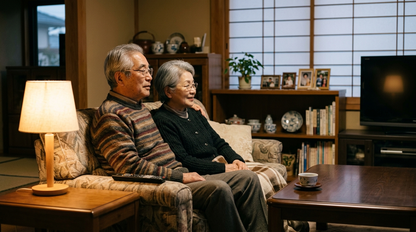 夜のリビングで並んでテレビを見る高齢の夫婦｜家族で一緒に楽しむイメージ