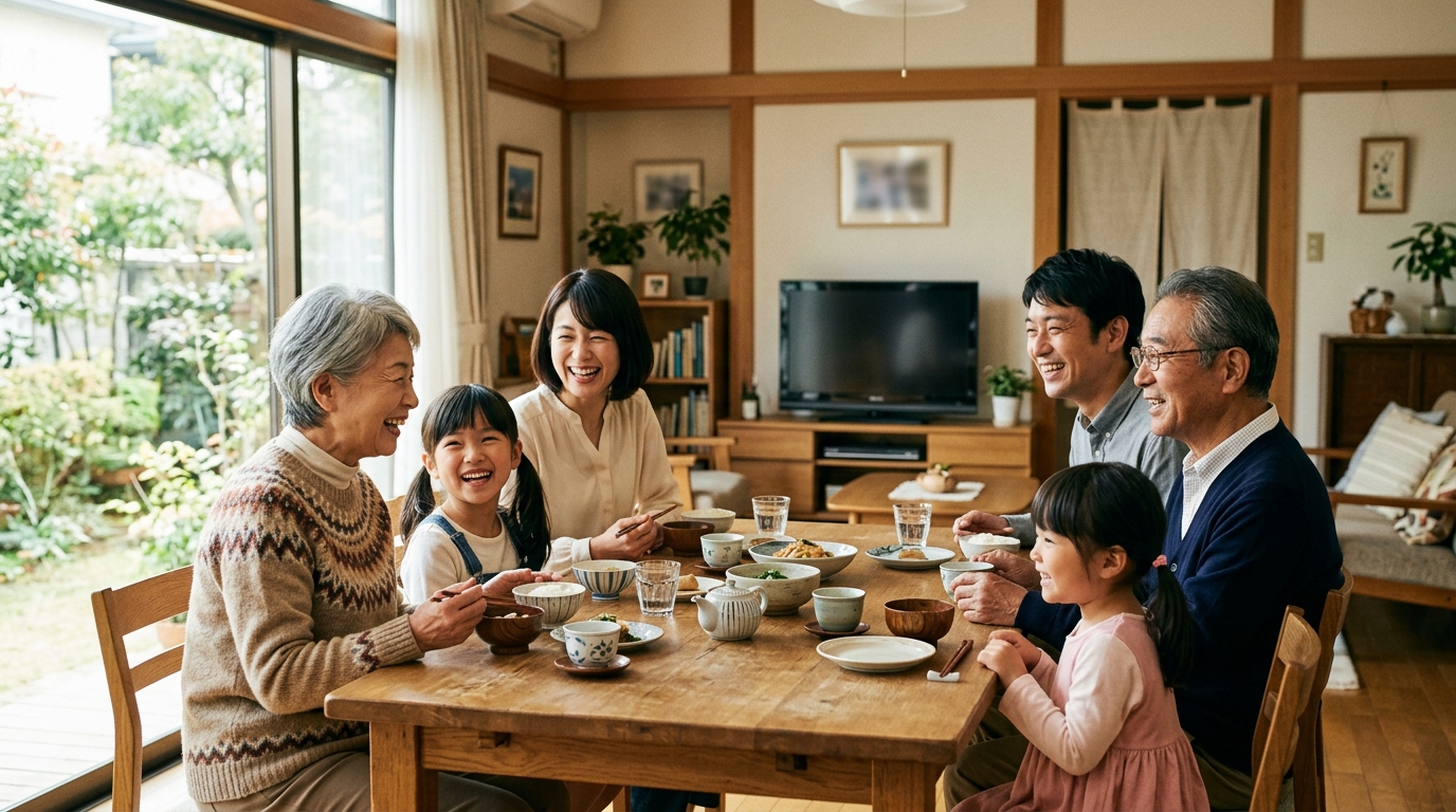 食卓を囲んで会話する三世代の家族｜家庭での会話のイメージ