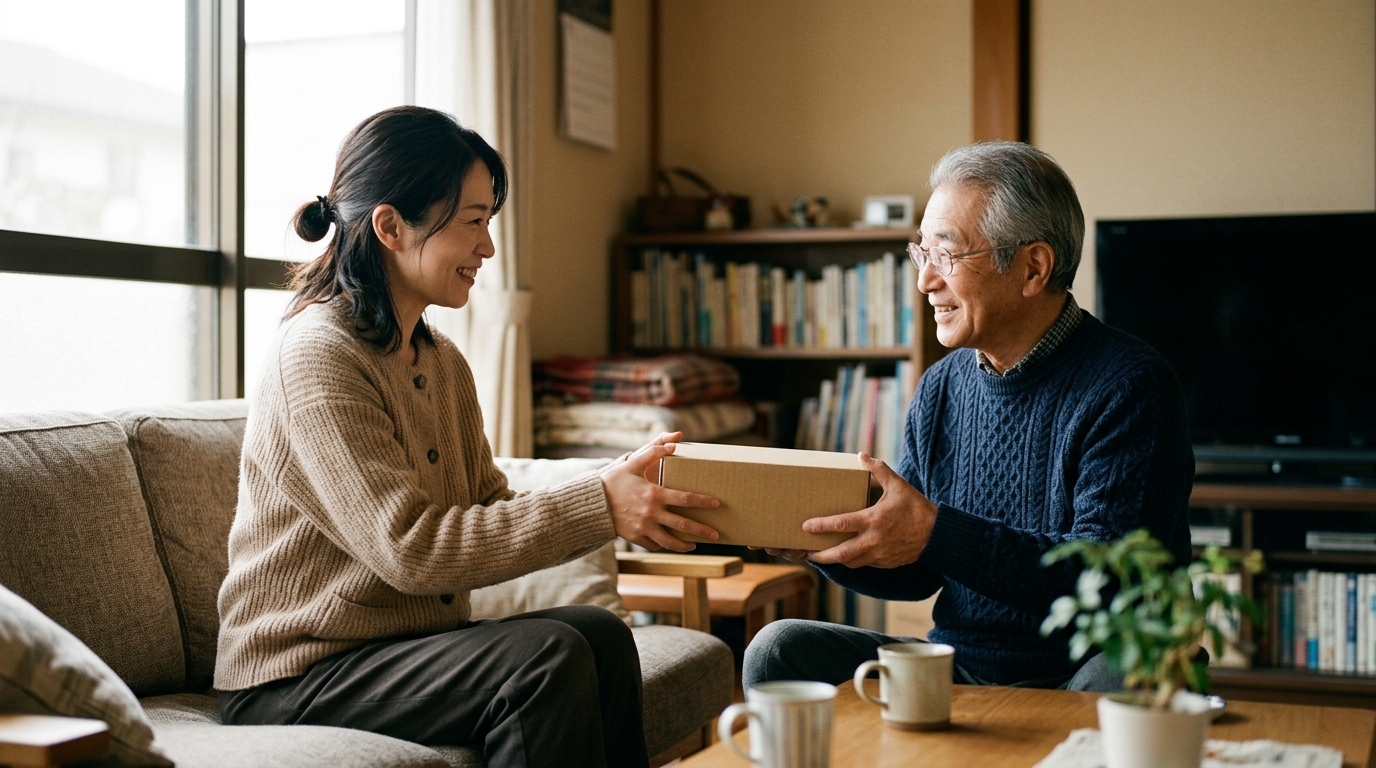 離れて暮らす親に贈り物を手渡す娘｜家族へのプレゼントのイメージ