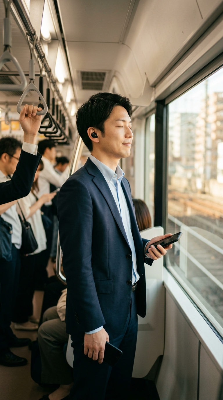 通勤電車でイヤホンを使いオーディオブックを聴く男性 通勤電車でイヤホンを使いオーディオブックを聴く男性