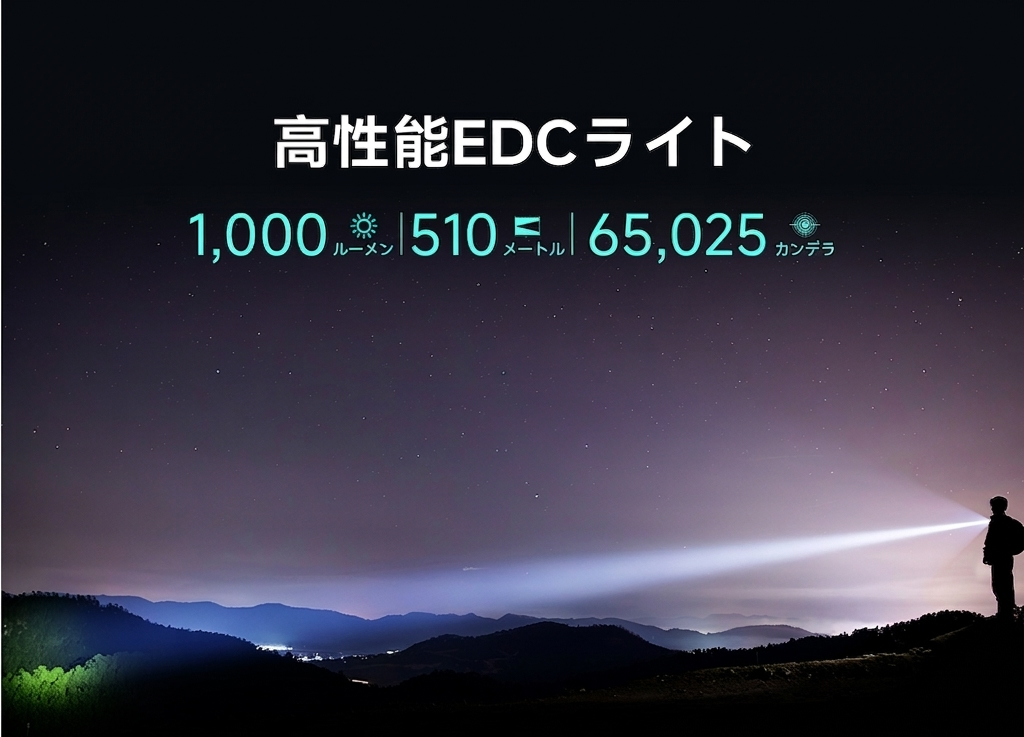 夜の山あいで遠くの稜線までライトの光が届いている様子