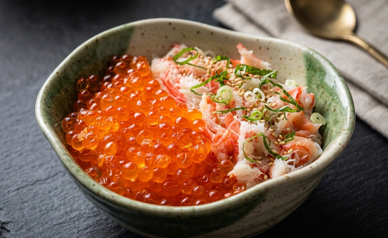 いくらとカニのほぐし身をのせた丼