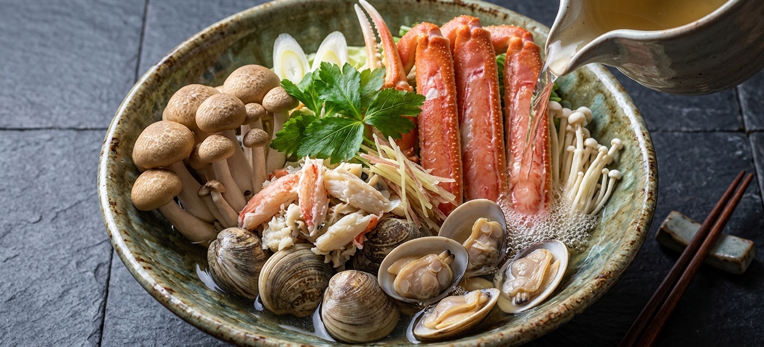 カニ脚と貝・きのこを入れた海鮮鍋