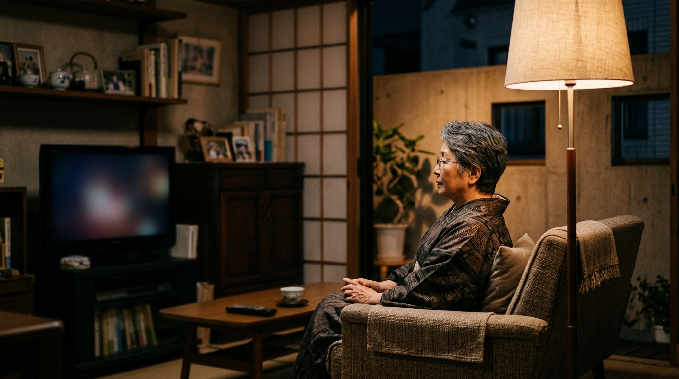 夜に控えめな音量でテレビを見る高齢の女性｜夜間の音量への配慮