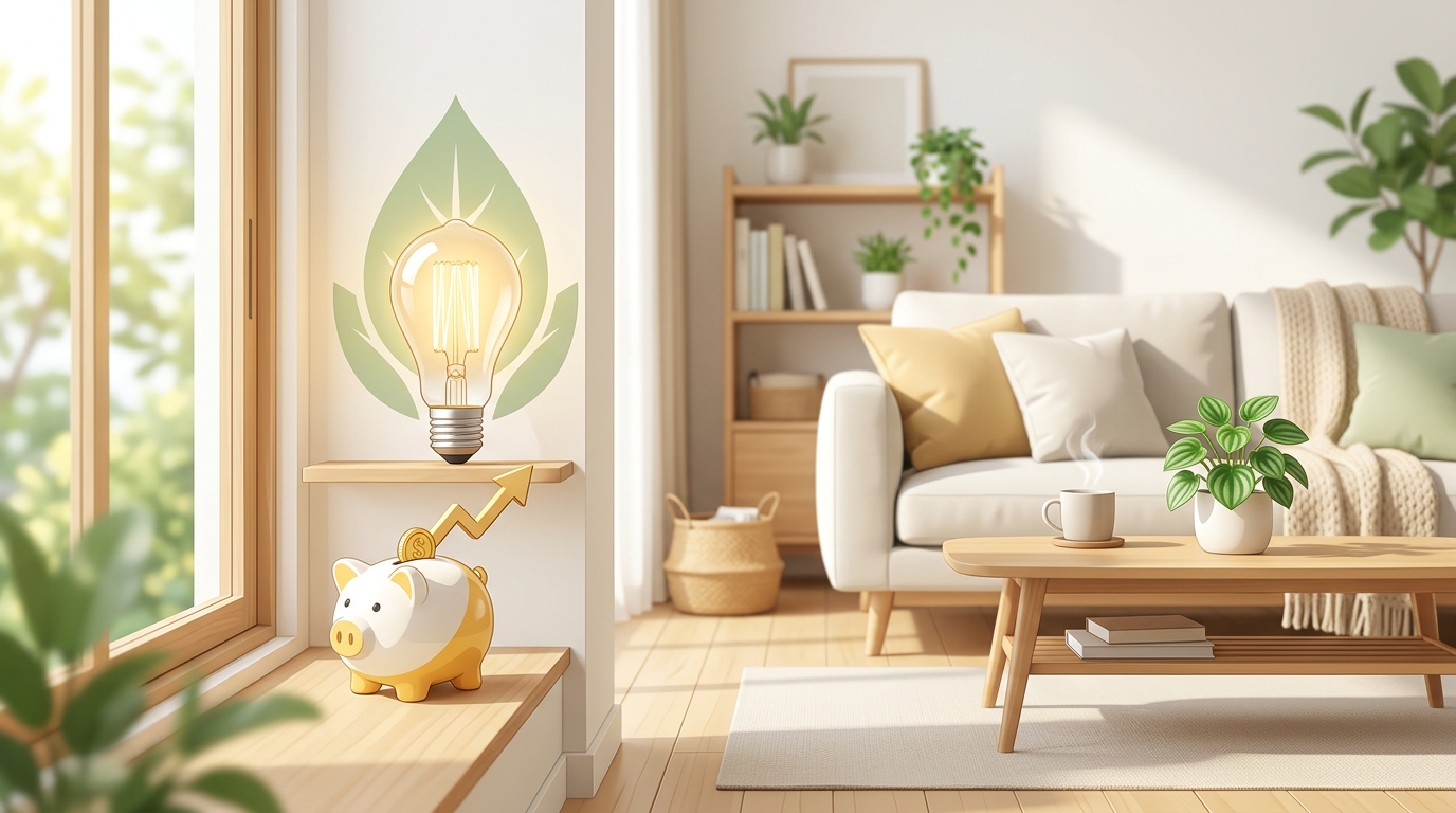 電球と貯金箱が置かれた明るいリビングのイラスト。電気代の見直しと節約のイメージ