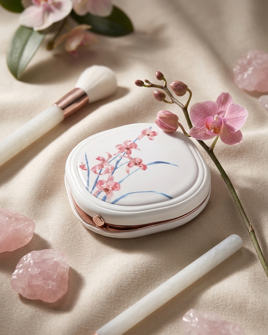 花の意匠が彫られたプレストパウダー