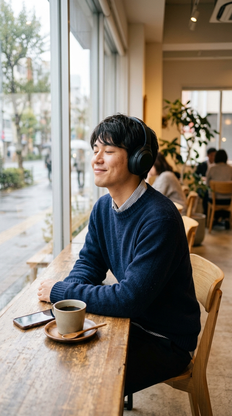 カフェの窓際でヘッドホンをつけて過ごす男性 カフェの窓際でヘッドホンをつけて過ごす男性