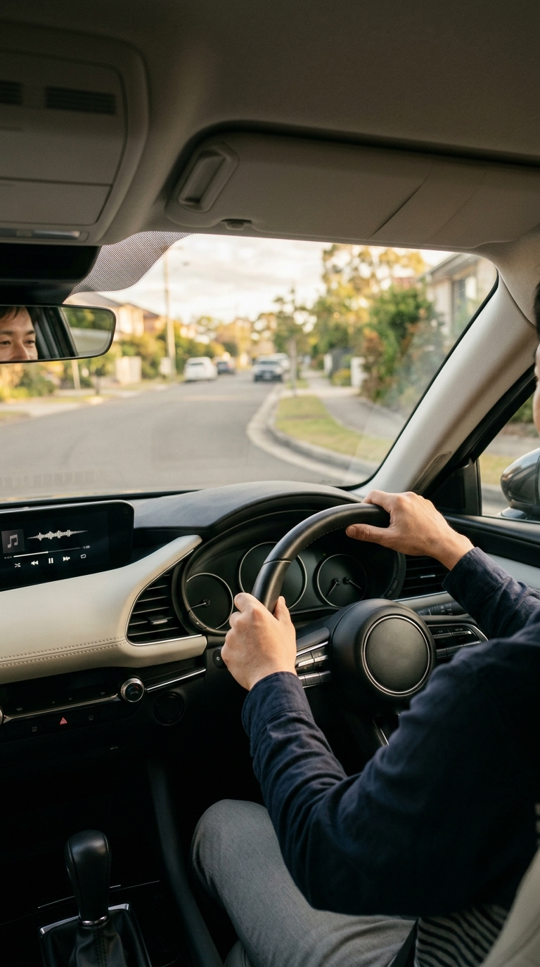 車の運転中に車内オーディオで音声を再生している様子 車の運転中に車内オーディオで音声を再生している様子