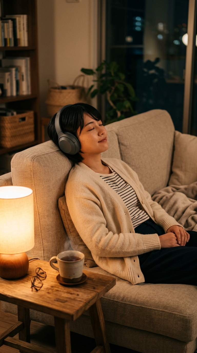 夜のリビングでヘッドホンをつけてくつろぐ女性 夜のリビングでヘッドホンをつけてくつろぐ女性