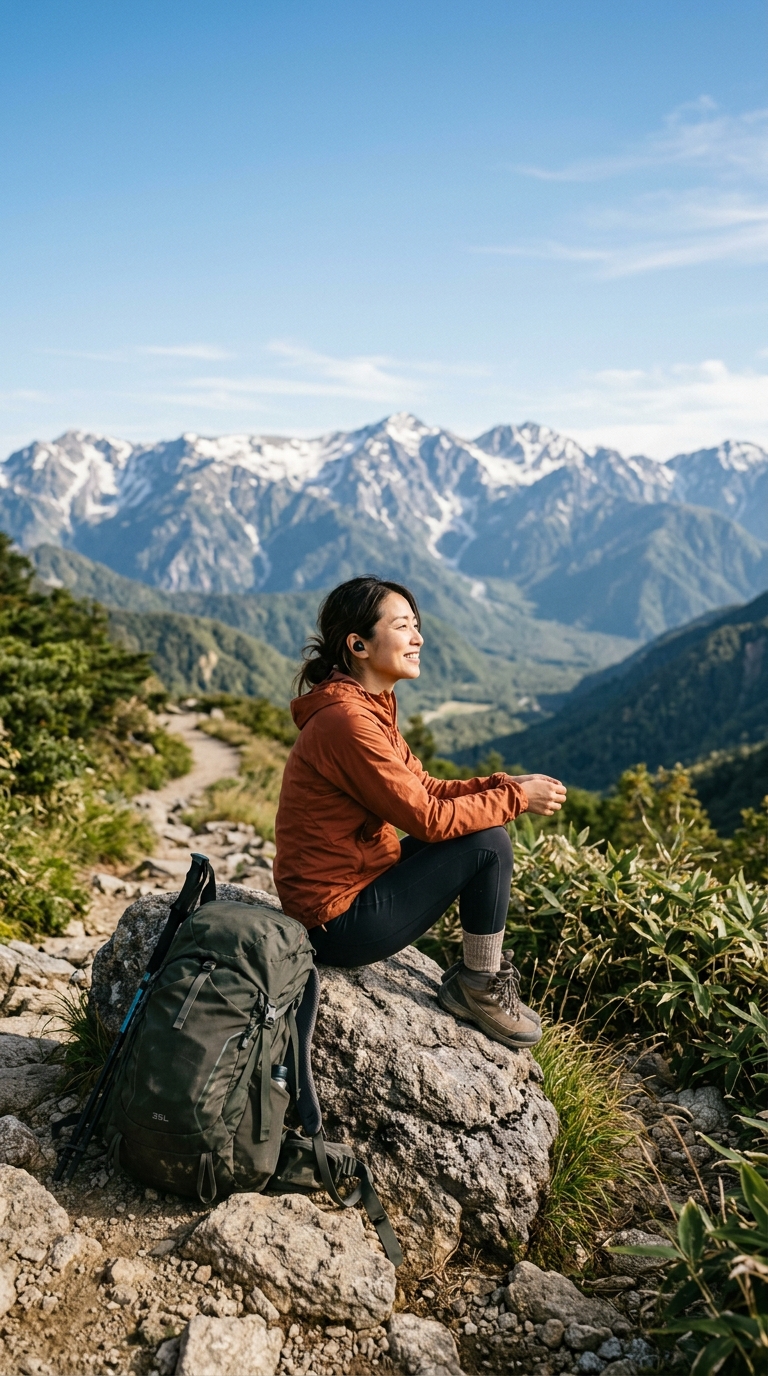 山の稜線で景色を眺めながらイヤホンを使う女性 山の稜線で景色を眺めながらイヤホンを使う女性