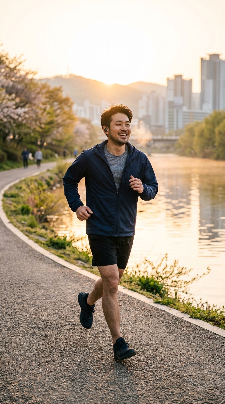 川沿いをジョギングしながらイヤホンで聴く男性 川沿いをジョギングしながらイヤホンで聴く男性