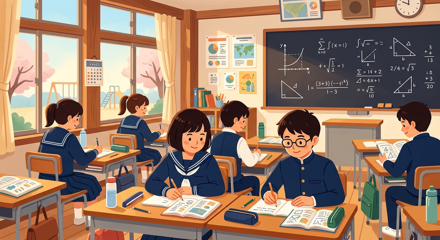 教室で参考書を開いて勉強する中学生と黒板のイラスト