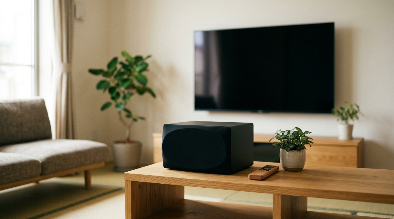 リビングのテレビ台に置かれた小型スピーカー｜設置イメージ