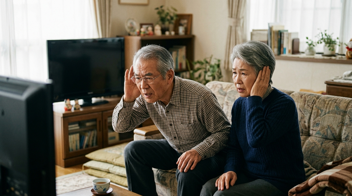 テレビの音が聞き取りづらく耳に手を当てる高齢の夫婦｜音量トラブルのイメージ